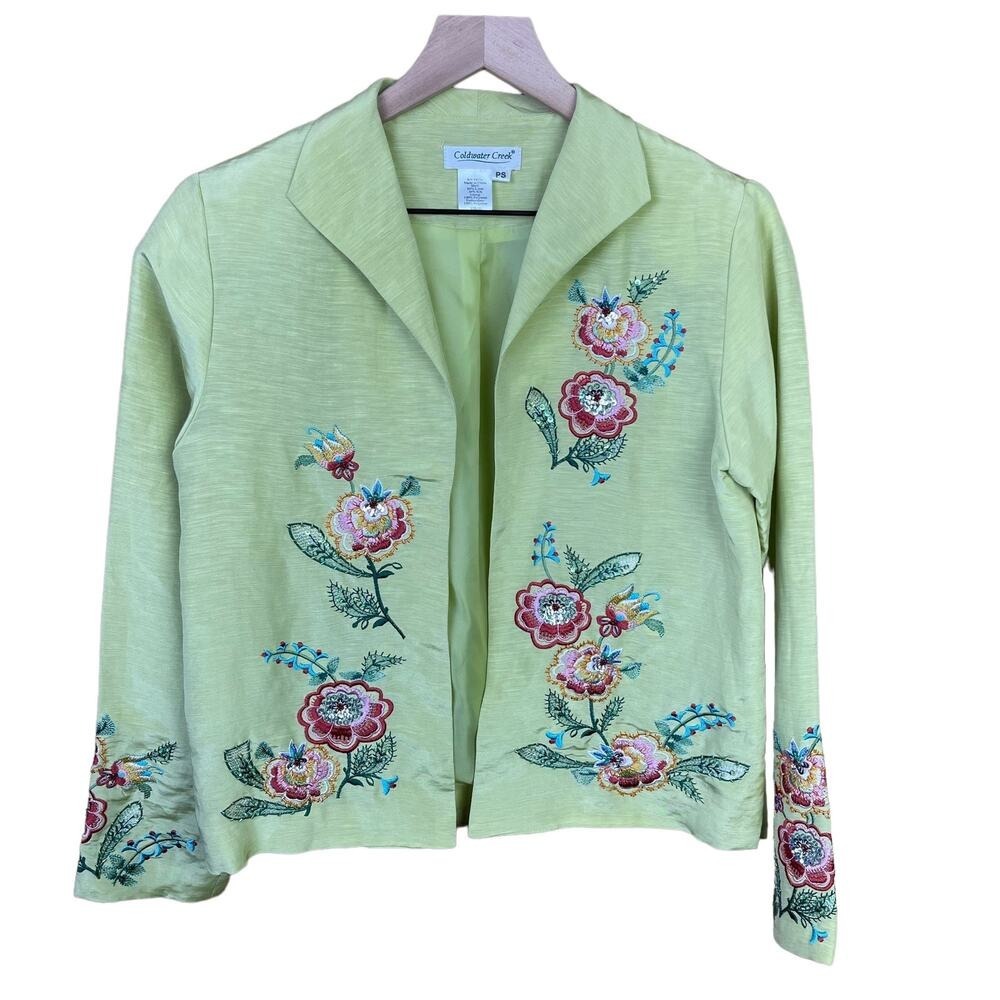 Coldwater Creek Lime Green Silk Linen Floral Embroidered Sequin Blazer Jacket PS